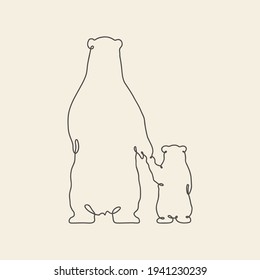 Bears holding hands. Continuous single line. Linear animal contour