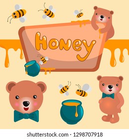 Bears and honey set, illustrations for babies, cute cartoon animals, sweet delicacies, baby card set, bright colors