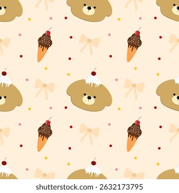 Bears  ice cream bow   on brown  background, fabric pattern, checkered, gift wrapping paper, seamless pattern 
