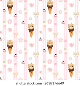 Bears ice cream  flowers  bow on  white  background, pink lines, fabric pattern, gift wrapping paper , seamless pattern 
