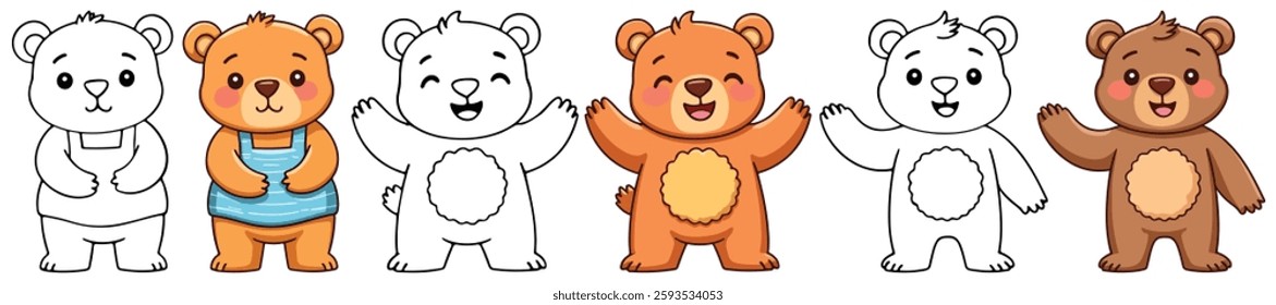 Bears Isolated Line Art Vector Outline Illustration Black and White with Coloring Sample