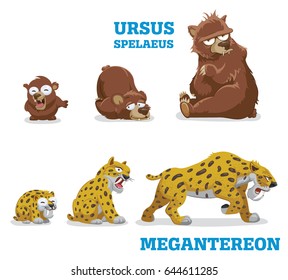 Bears and leopards. Vector illustration of pleistocene baby, young and adult wild animals bear and leopard