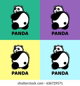 The bear's logo is panda. Vector illustration of a panda. Black and white logo, sign, on a colored background. A set of funny pandas on colored backgrounds.