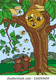 Bears looking for honey. Vector drawing for children's book