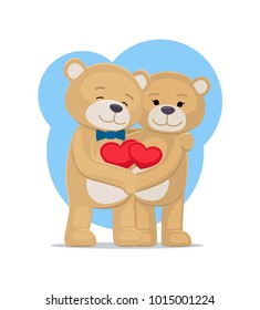 Bears lovers hold hearts in hands, male and female teddy embrace each other, vector illustration of happy couple isolated on white background