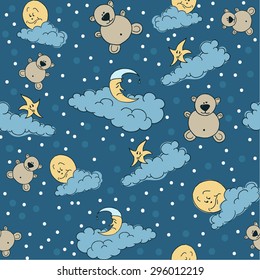 Bears, moon and stars on the clouds for sweet dreams seamless textile pattern