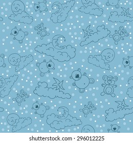 Bears, moon and stars on the clouds for sweet dreams seamless textile pattern