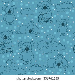 Bears, moon and stars on the clouds for sweet dreams seamless textile pattern. Bear on a bicycle, sleeping bear and sleeping moon.