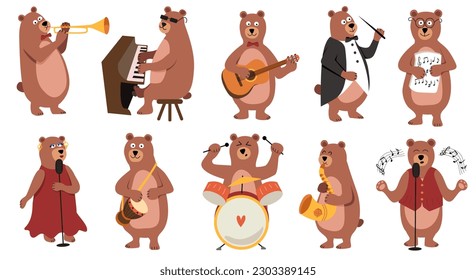 Músicos de osos, niños conjuntos, ilustración vectorial