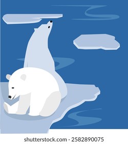  bears in the north pole.Polar bear on ice floe flat illustration, sea level rise, nature damage.