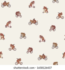 Bears on bikes animal nature cute doodle hand drawn seamless pattern