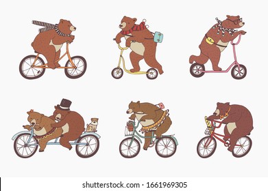 Osos en bicicletas naturaleza animal adorable doodle dibujado a mano de color conjunto