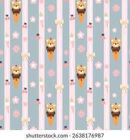 Bears  on  blue  background, pink lines, fabric pattern, gift wrapping paper , seamless pattern 
