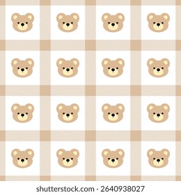 Bears on Fabric pattern, brown checkered pattern background, gift wrapping paper , seamless pattern 