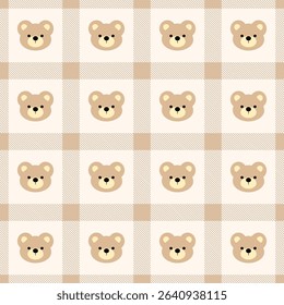 Bears on Fabric pattern, brown checkered pattern background, gift wrapping paper , seamless pattern 