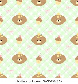 bears on green  checkered pattern, fabric pattern, gift wrapping paper , seamless pattern 