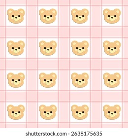 Bears  on  pink checkered  background, fabric pattern, gift wrapping paper , seamless pattern 