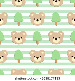 Bears  on  white  background, green  lines, fabric pattern, gift wrapping paper , seamless pattern 