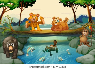 Bears and other animals in the forest illustration