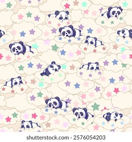 Bears, panda on the clouds sleeping, clouds, stars, sleep, seamless illustration, bed colors, animal, sky, sleep, cute, good night, print, children's wallpaper, wrapping paper, fabric, textile, web de