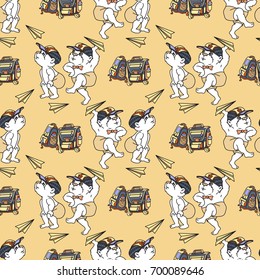 Bears and paper airplane on light  background. Vector Seamless pattern.  Cute bear and satchel. 