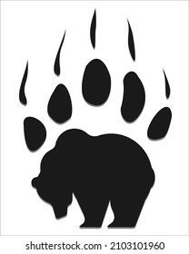 A bear's paw in the form of an imprint with the bear itself. Bear trail on a white background. The silhouette of a bear is like a footprint from its paw