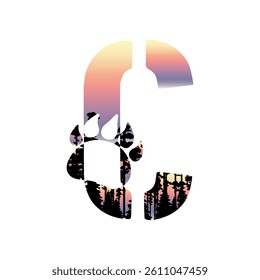 Bear's paw on forest silhouette. Family monogram, letter C on white background