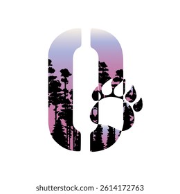 Bear's paw on forest silhouette. Family monogram, letter O on white background