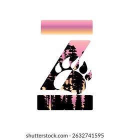Bear's paw on forest silhouette. Family monogram, letter Z on white background