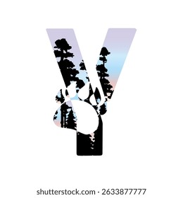 Bear's paw on forest silhouette. Family monogram, letter Y on white background