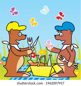 Bears and picnic, cute vector illustration