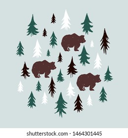 Bears in a pine forest design. Vector illustration