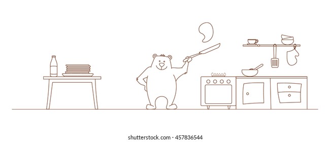 Bears prepare pancakes in the kitchen