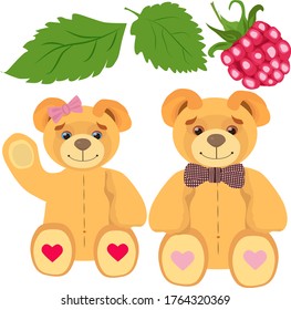 Bears with raspberries vector illustration on a brown background, Set with the image of teddy bears and raspberries