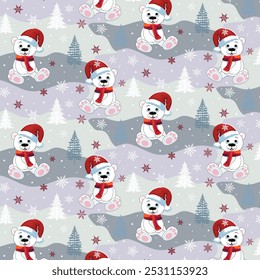 Bears in red Santa hats.Vector seamless pattern with polar bears in Santa hats on a colored background with fir trees and snowflakes.