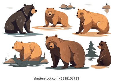 Bears set. Cute and friendly cartoon illustration showcasing a charming set of flat-design bears, each with their own unique style and personality. Vector illustration.