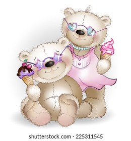 The bears sit and eat ice cream. The white background.