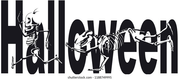 bear's skeleton running after man's skeleton