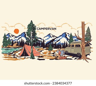 Esbozo de osos. Colina y vector de naturaleza. Esbozo a mano de paisaje de montaña. Camper van, Parque Nacional de Colorado. Campo de verano. Montaña con puesta de sol y río, arte gráfico de montaña para camisetas y otros. 