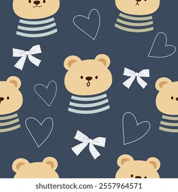 bears with striped clothes  , bows and hearts seamless pattern , vector illustration