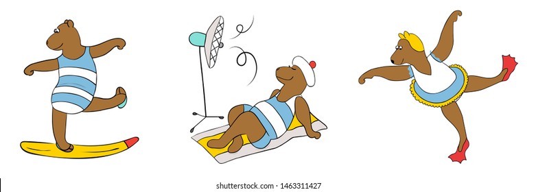 Bears in swimsuit in various poses. Flat icons stickers set. Summer time theme. Vector illustration.