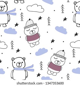 Bears, trees, clouds forest scandinavian seamless pattern for kids clothes, wrapping and other purposes.