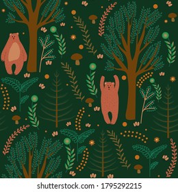 Bears, trees, mushrums and fir trees, backdrop. Decorative cute wallpaper for printing.  Seamless vector pattern with bears on green background. Cute hand drawn woodland wallpaper design.