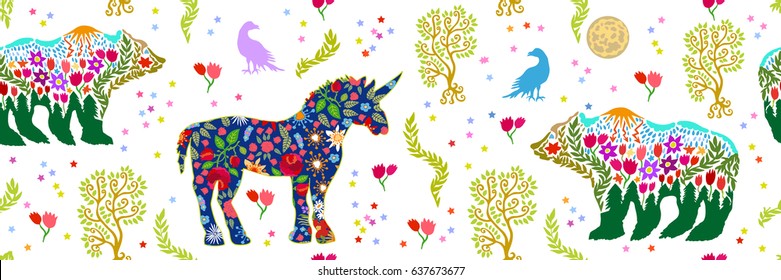 Bears and unicorn. Colorful illustration inspired by folk art. Seamless vector pattern with animals, trees and stars.
