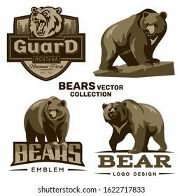 Bears vector collection. Mascots, emblems, symbols on white background. Can be used for T-shirts print, labels, badges, stickers, logotypes vector illustration.