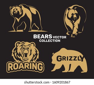 Bears vector collection on black background. Illustration for print and poster. Emblems, symbol. Can be used for T-shirts print, labels, badges, stickers, logotypes.Typography design.