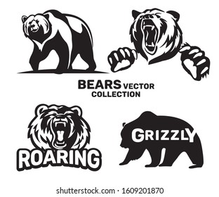 Bears vector collection. Templates on white background. Illustration for print and poster. Emblems, symbol. Can be used for T-shirts print, labels, badges, stickers, logotypes.Typography design.