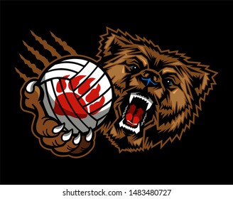 bears volleyball mascot holding ball in claw for school, college or league