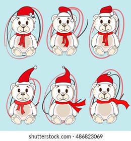 bears white labels with Christmas hats of Santa Claus