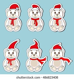 bears white labels with Christmas hats of Santa Claus